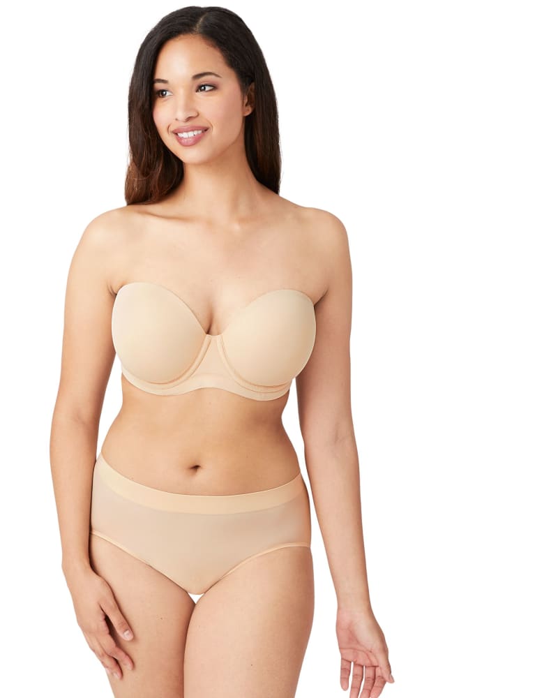 Front of a model wearing a size 40B Red Carpet Strapless Underwire Bra in Sand by Wacoal. | dia_product_style_image_id:304116